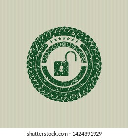 Green open lock icon inside distress rubber texture