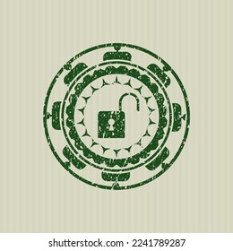 Icono de bloqueo abierto verde dentro de la estampilla de goma. 