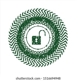 Green open lock icon with rubber seal texture