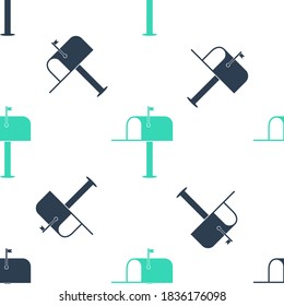 Green Open mail box icon isolated seamless pattern on white background. Mailbox icon. Mail postbox on pole with flag. Vector.