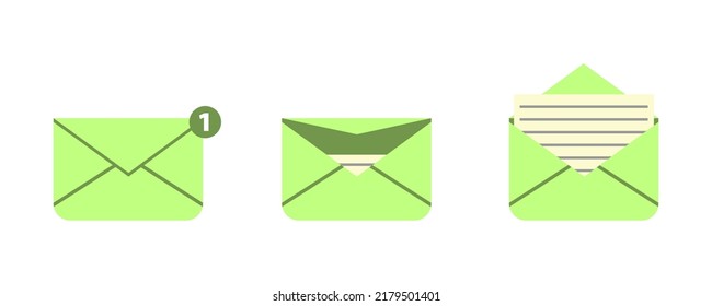 Green open mail envelope icon set with marker new message isolated on white background. Render email notification. Envelope Set. Isolated Envelopes. EPS10