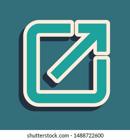 Green Open in new window icon isolated on blue background. Open another tab button sign. Browser frame symbol. External link sign. Long shadow style. Vector Illustration