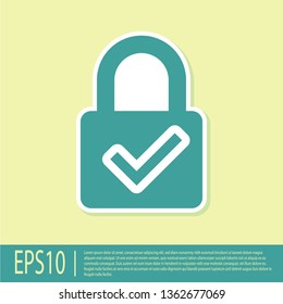 Green Open padlock and check mark icon isolated on yellow background. Cyber security concept. Digital data protection. Safety safety. Vector Illustration