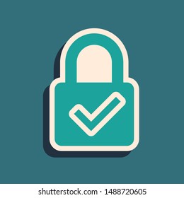 Green Open padlock and check mark icon isolated on blue background. Cyber security concept. Digital data protection. Safety safety. Long shadow style. Vector Illustration
