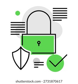 Un candado verde abierto combinado con un escudo y una marca de verificación, rodeado de Elementos de datos abstractos, que simbolizan seguridad, protección, privacidad, cifrado, acceso seguro o "datos desbloqueados de forma segura".
