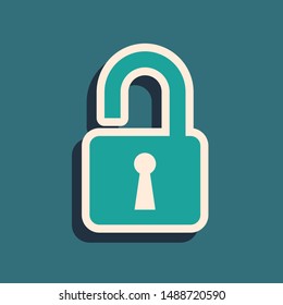 Green Open padlock icon isolated on blue background. Opened lock sign. Cyber security concept. Digital data protection. Safety safety. Long shadow style. Vector Illustration