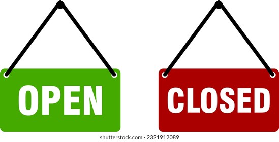 Green Open and Red Closed Shop or Store Hanging Entrance Door Tag or Sign Icon Set. Vector Image.