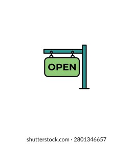 Green open sign on post