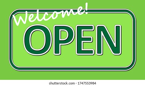 Signo verde abierto con texto de bienvenida con sombras. Vector
