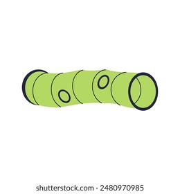 Green open tunnel for dog agility training, learning. Element of obstacle course for pets. Object to overcome, challenge by domestic animals. Flat isolated vector illustration on white background