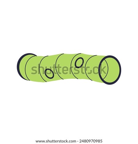 Green open tunnel for dog agility training, learning. Element of obstacle course for pets. Object to overcome, challenge by domestic animals. Flat isolated vector illustration on white background