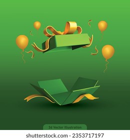 Green opened 3d realistic gift box with golden ribbons flying off cover