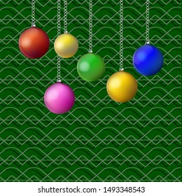 Green openwork background - glass shiny balls on a chain - vector. Congratulation 2020. Happy New Year. Merry Christmas.