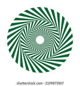 Green optical illusion spiral on a white background. Vector illustration of circular hypnotic swirl.