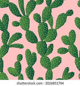 Green opuntia on a pink background seamless pattern design. Opuntia cactus texture for wrapping paper, stationery, textile, web banner. Succulents vector ornament