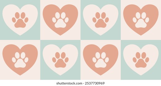 Verde, naranja y beige patas en fondo de corazones. Patrón de pata. Perro, gato, gatito, huellas de cachorro. Ropa para mascotas, manta. Anuncio, folleto, póster, tarjeta. Ilustración vectorial.