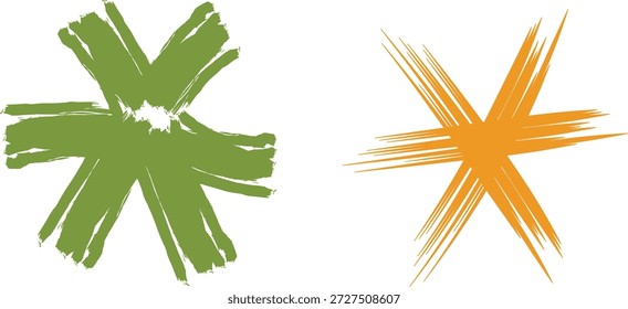 Traçado abstrato verde e laranja pincel starbursts