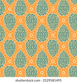 Green and orange abstract ethnic seamless pattern of pine cones against background with doodle texture. Warm geometric traditional print.