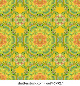 Green and orange abstract ornament, vector seamless pattern of abstract decorative elements.