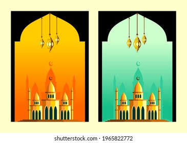 green and orange background design depicting a mosque decorated with pendant lights