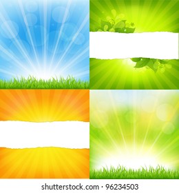 Green And Orange Backgrounds With Sunburst, Vector Background