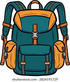 Green and orange backpack illustrated for travel and outdoor activities ready for a journey