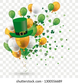 Green orange balloons with shamrocks and green hat on the transparent background. Eps 10 vector file.