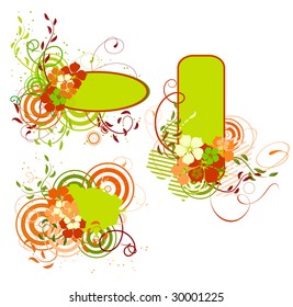 Green and orange banner with flowers. Vector illustration