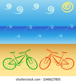 Green and orange bikes on summer sunny beach