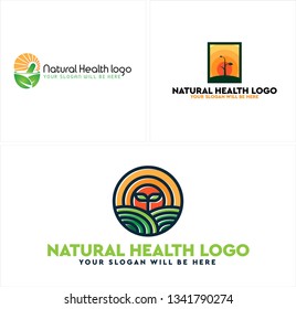 Green orange black line art leaf sun circle square combination mark logo design concept suitable for nature products natural health care healing alternative