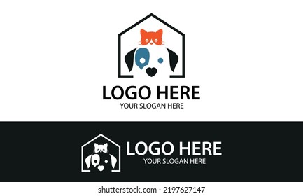 Green Orange and Blue Color Cat and Dog Line Love House Logo Design