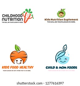 Green orange blue leaf carrot apple bitten bubble spoon fork smiley face badge modern logo design vector suitable for organic food herb kids healthy supplement shop restaurant 