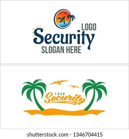 Green orange blue line art tree coconut sun bird wave combination mark logo design concept vector suitable for security beach clothing holiday