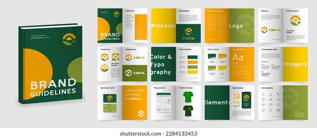 Green and Orange Brand Guidelines template. Brand Manual presentation in A4 size. Logo Guideline mockup. Logo Guide Book. Logotype presentation