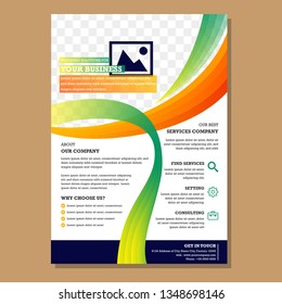 Green and orange brochure with liquid wave for template leaflet booklet design flyer, space for photo. 