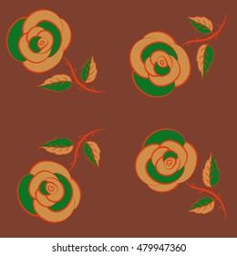 Green, orange and brown roses pattern. Vintage flower seamless pattern. Hand drawn rose flowers. Flower pattern with roses. Vector floral sketch.