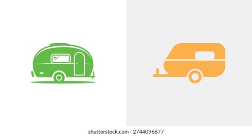 Green and orange camper trailers side by side travel