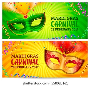 Green and orange carnival masks vector Mardi Gras invitation flyers templates set