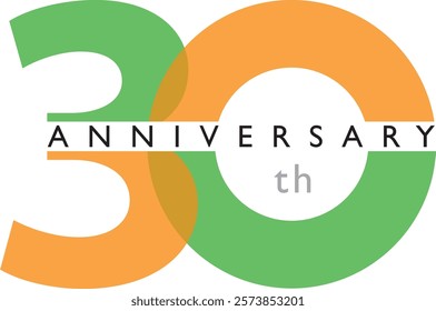 green and orange color number 30 with word anniversary black color at the middle.