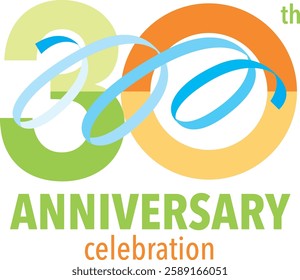 green and orange color number 30 with blue confetti on the top with word anniversary celebration.