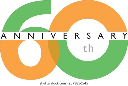 green and orange color number 60 with word anniversary black color at the middle.