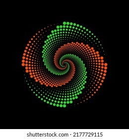 Green And Orange Colored Dotted Swirl Circle. Spiral Vortex Dots Vector Illustration On A Black Background. Dot Whirl Pattern.