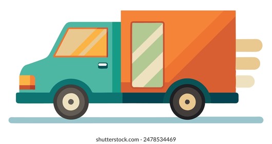 Green and orange delivery truck driving on road. Vector illustration