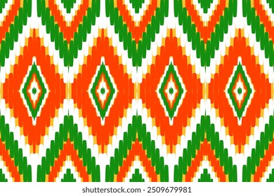 Green and Orange Diamond Ikat Design, Ideal for Ethnic-Themed Wallpaper and Modern Backdrops