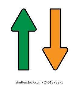 Grüne nach oben und orangefarbene nach unten zeigende Symbole mit abgerundeten Kanten. Realistisches Pfeilsymbol nach oben und unten. Vektorillustration. EPS-Datei 17.