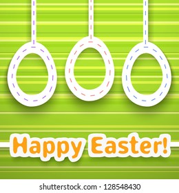 Green and orange easter card with cut eggs and greetings. Vector illustration for your holiday design. Cut out white paper eggs suspended on top.