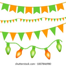 Green and orange festive bunting, lights and flag garlands on white. Irish holiday - happy Saint Patrick's Day backdrop with garland flags. Vector illustration for greeting card, poster, banner