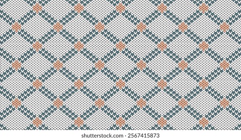 Green and orange geometric on white knitted pattern, Festive Sweater Design. Seamless Knitted Pattern