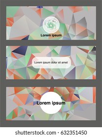 Green and orange geometrical business flyer template. Futuristic trendy vector banners set. Modern polygonal triangular background. Technology banner or card. Scientific or technical report header.