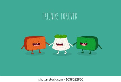 Green and orange gouda cheeses are friends forever, funny vector illustration. Use for cards, fridge magnets, stickers. 